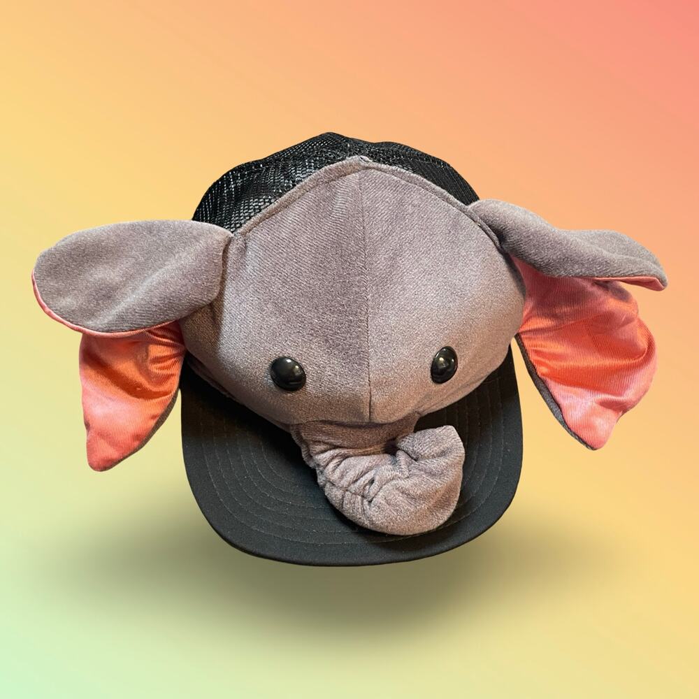 Elephant Novelty Trucker Hat Vintage 80s Plush Mesh Snapback 3D Trunk Ears OS